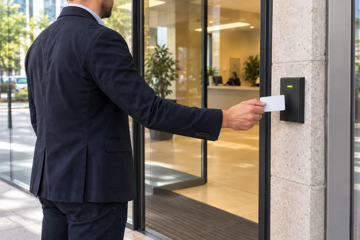 Illustration d’une personne présentant un badge devant un lecteur d’accès
